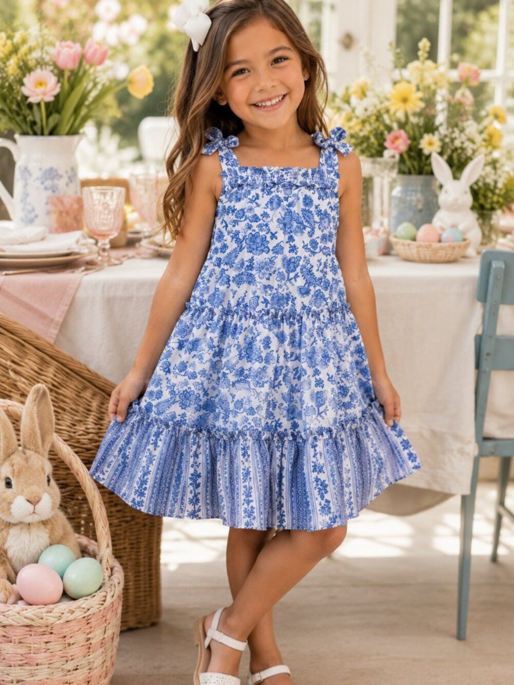 Jona Michelle Blue and White Floral Tiered Dress for Girls